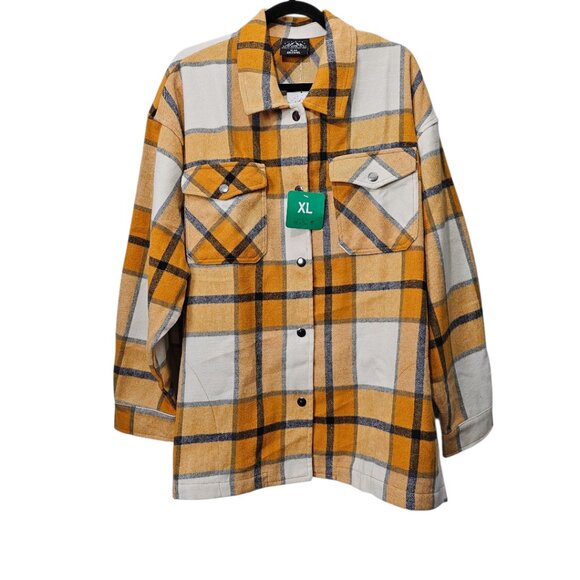 HFX Plaid Flannel Oversized Shacket Front Snap Shirt Jacket New Womens Yellow XL - Picture 2 of 13